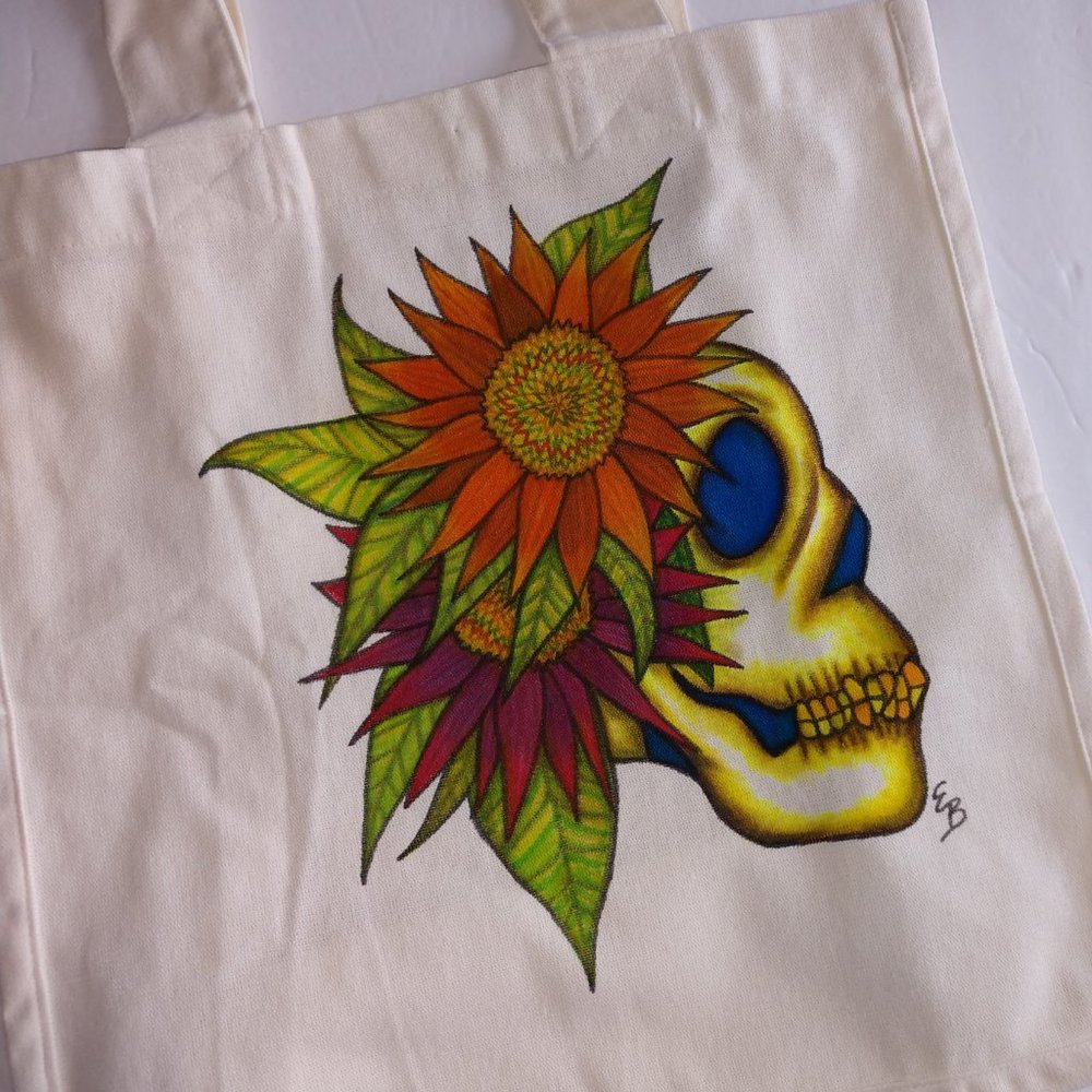 Hand-Painted Skull Tote Bag: Sunflowers Art Canvas Reusable Bag 14x13x7 - Picture 15 of 16
